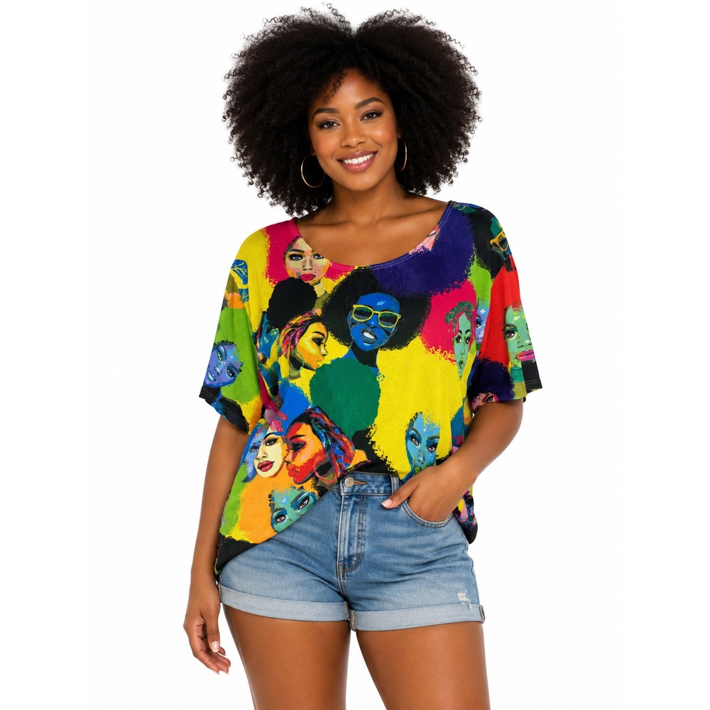 Rainbow Womens Pop Art Black Girl Magic Portrait Print Short Sleeve Top Multi